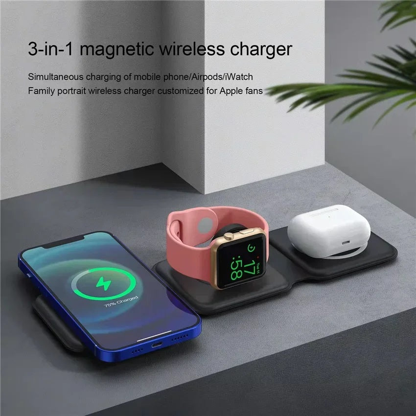 3 in 1 Wireless Charging Station for Apple MagSafe Charger, Foldable Magnetic Travel Charger for iPhone Apple Watch AirPods Pro