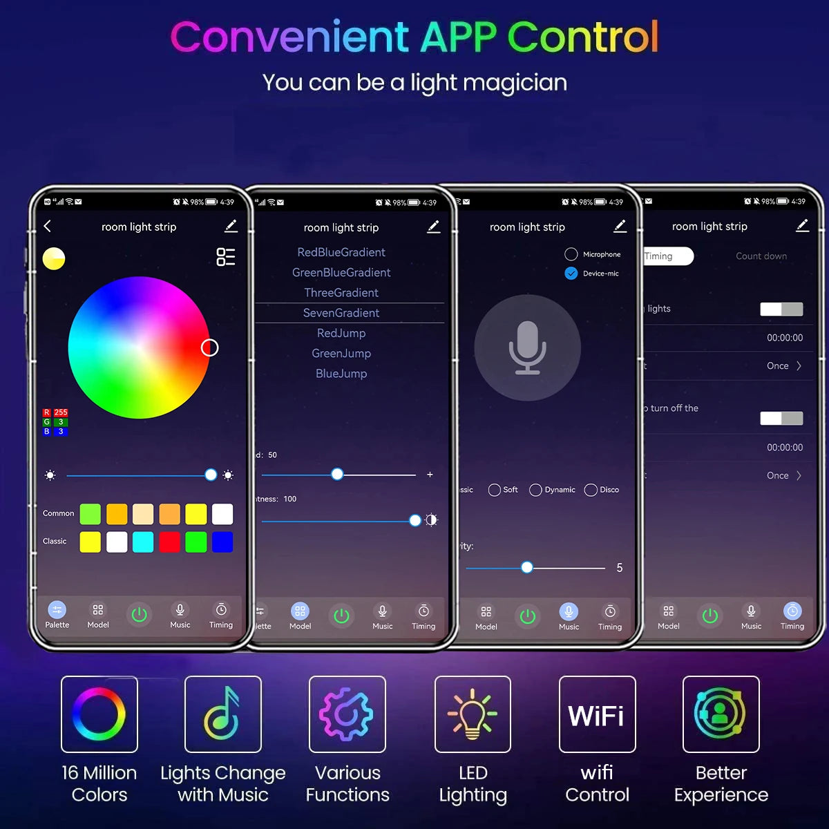 Smart LED Strip Lights RGB music sync app controlled room decor