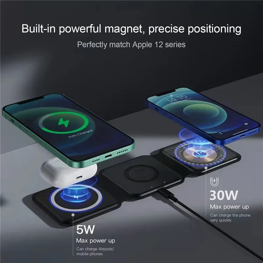 3 in 1 Wireless Charging Station for Apple MagSafe Charger, Foldable Magnetic Travel Charger for iPhone Apple Watch AirPods Pro